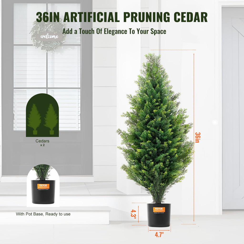 Artificial Cedar Topiary Tree, 36 inch Tall (2 Pieces), with Extra Leaves & Pot Faux Evergreen Fake Pine Cypress
