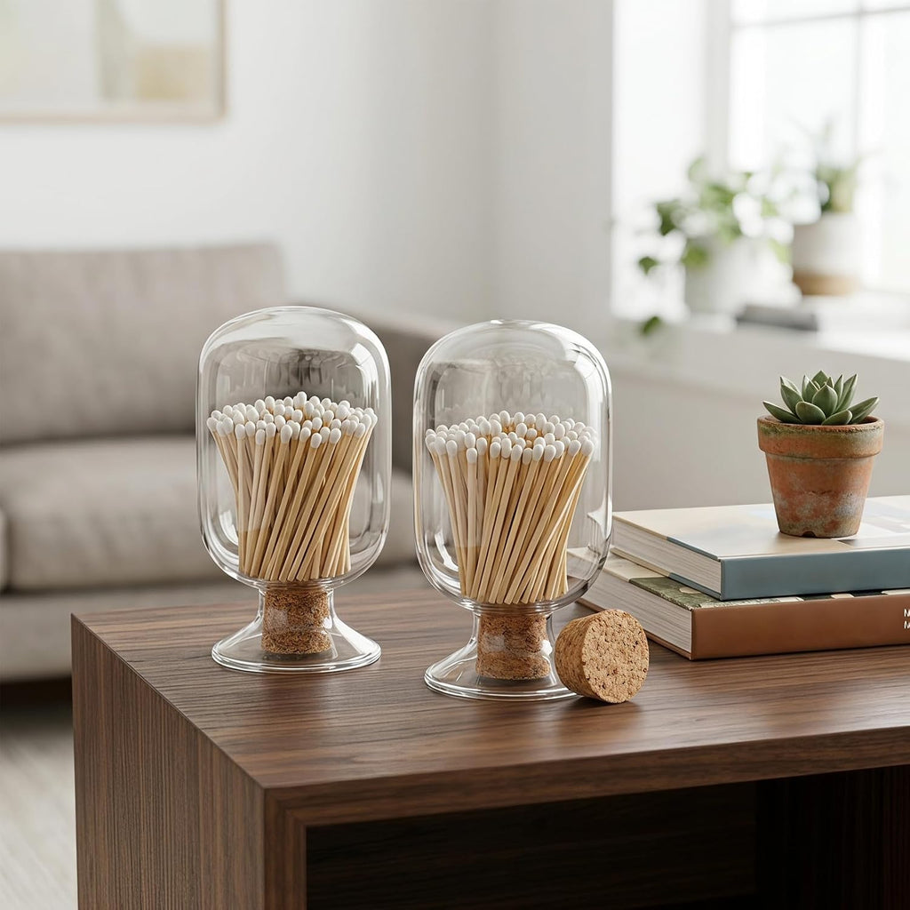 Glass Match Cloche Jar with Cork Lid for Fireplace Candles - Set of 2