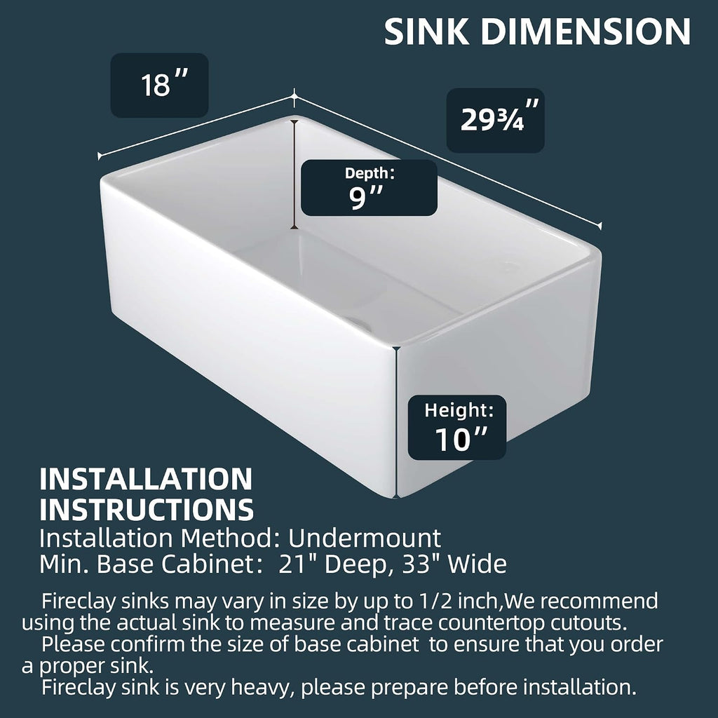 Farmhouse Sink 30 x 18 Inch White Fireclay Apron Front Kitchen Sink | , Heavy duty fireclay single bowl, Resistant to