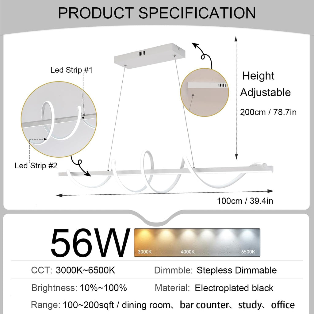 47.24inch Dimmable LED Pendant Chandelier 3000K-6500K Color Brightness Adjustable with Remote