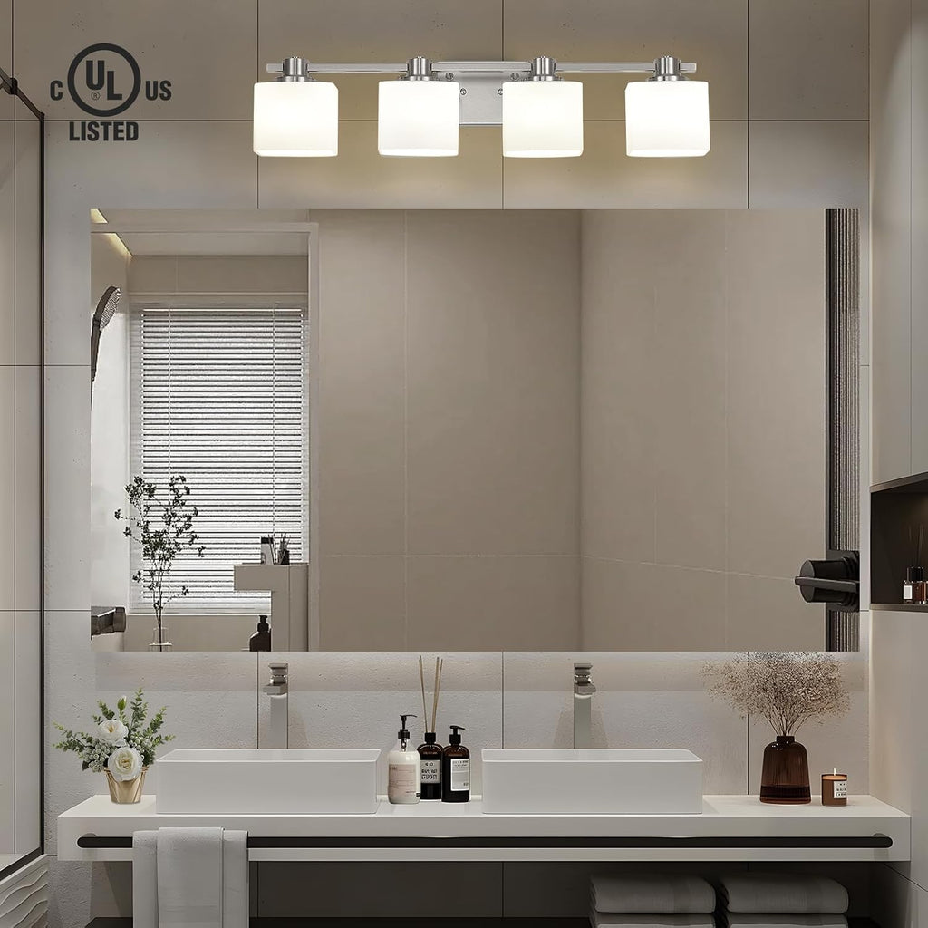32 Inch Brushed Nickel Vanity Light 4 Light Bathroom Light Fixtures Over Mirror Milk Glass Makeup Shower Lamp