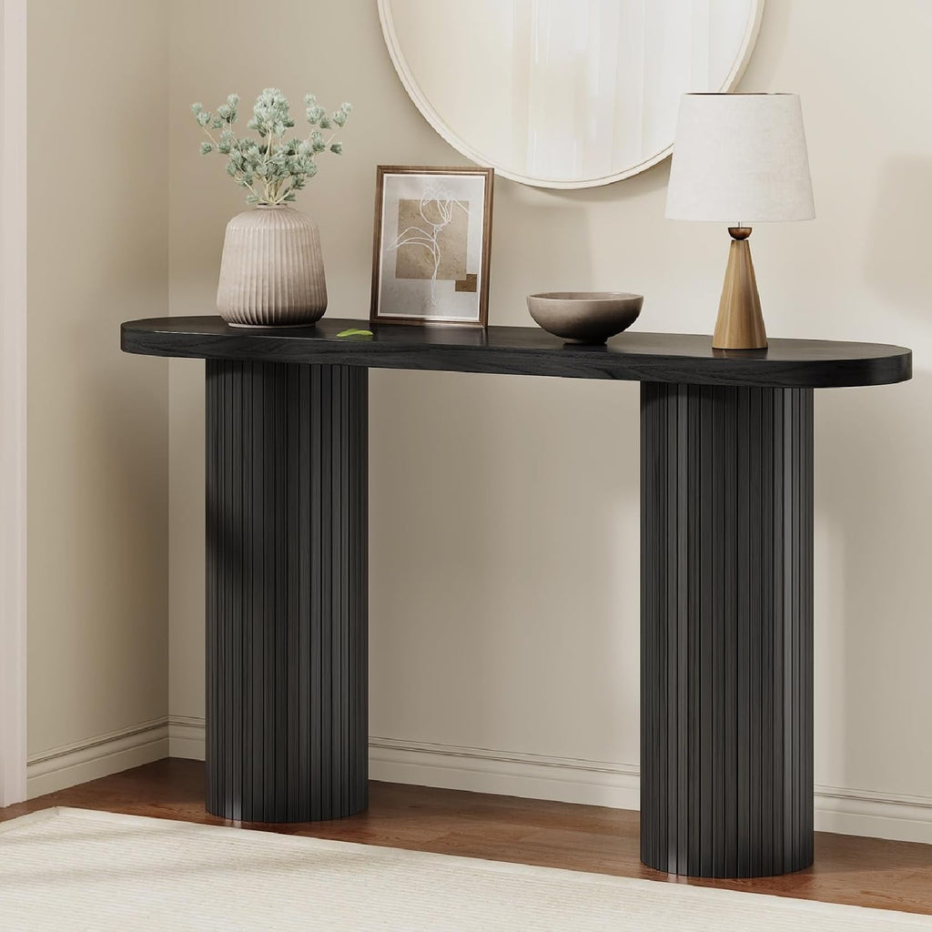 55 Inch Entryway Console Table, Sofa Table Narrow Long Behind Couch, Black | Fluted Design, Oval Wood Table