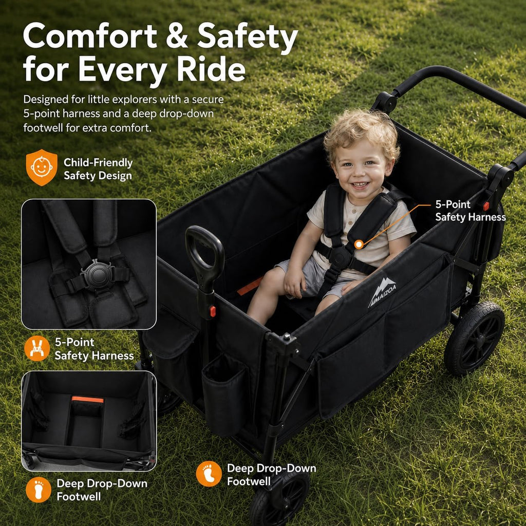 Kids Foldable Wagon Stroller for 2 Kids, Deep Seat 2 Seater Stroller Wagon