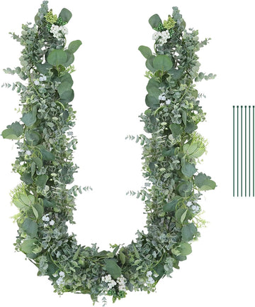 Eucalyptus Garland for Table, 6' Faux Eucalyptus Garland w/Flowers & Seeds
