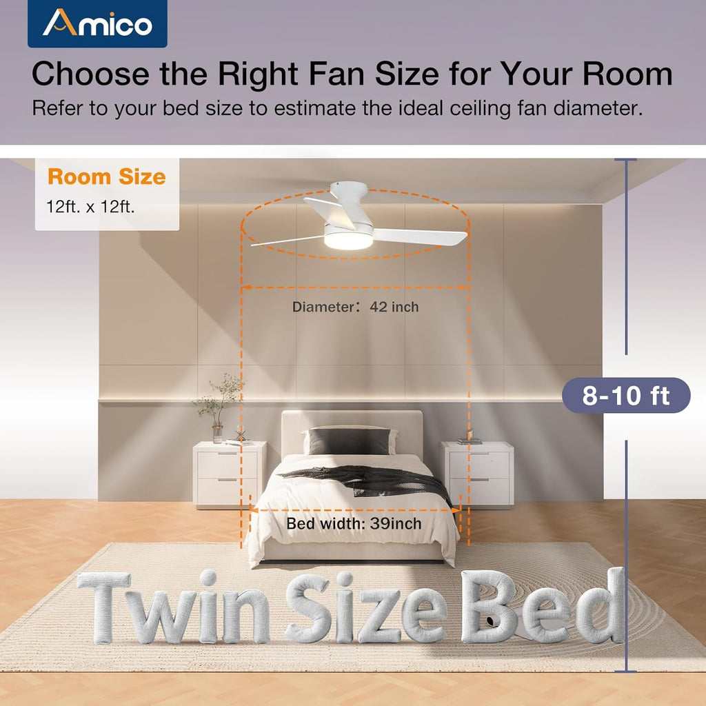 Ceiling Fans with Lights, 42 inch Low Profile Ceiling Fan with Light and Remote Control, Flush Mount, Reversible, 3CCT, Dimmable, Noiseless, White Ceiling Fan for Bedroom, Indoor/Outdoor Use
