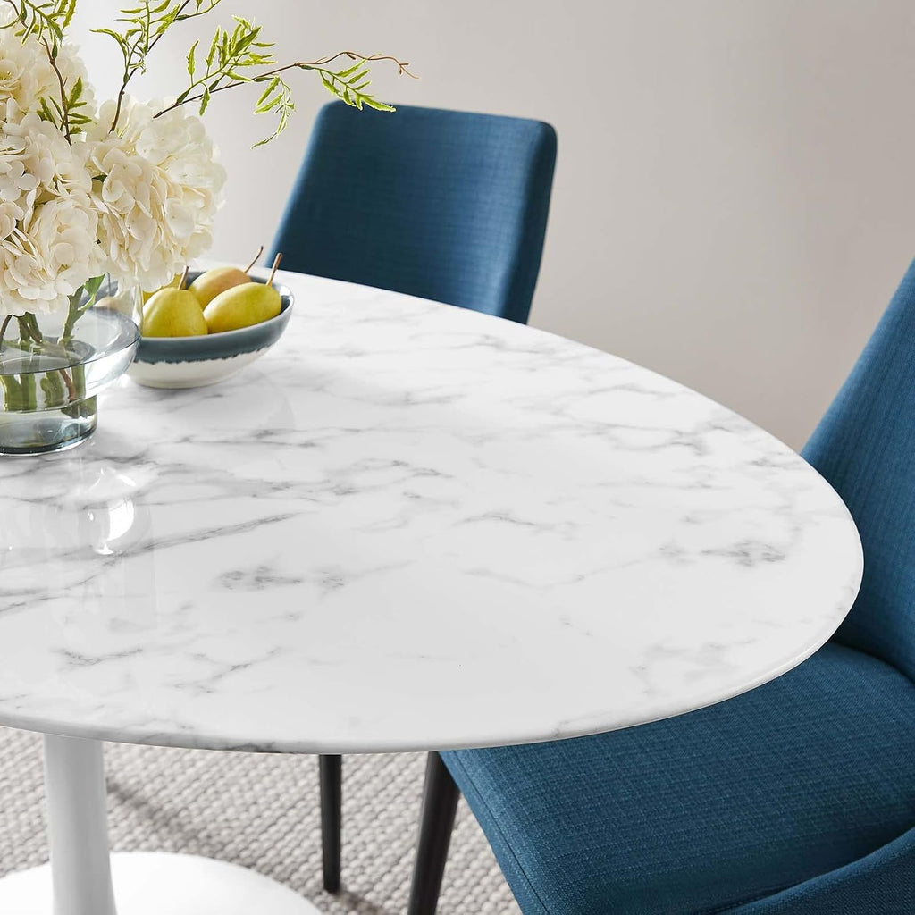 Inspired Saarinen Style Tulip Oval Pedestal Dining Table — White Base / Marble Top, 60″ Oval