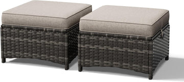 Outdoor Ottoman Set of 2, Patio Large Ottoman Foot Rest with Thickened Cushions, Outdoor Wicker Foot Stool for Porch