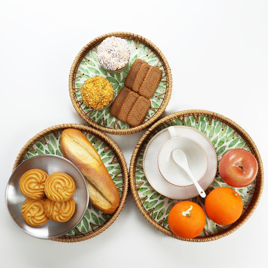 Set of 3 Rattan Tray with Mother of Pearl Inlay, Round Serving Trays for Coffee Table, Decorative Wicker Woven