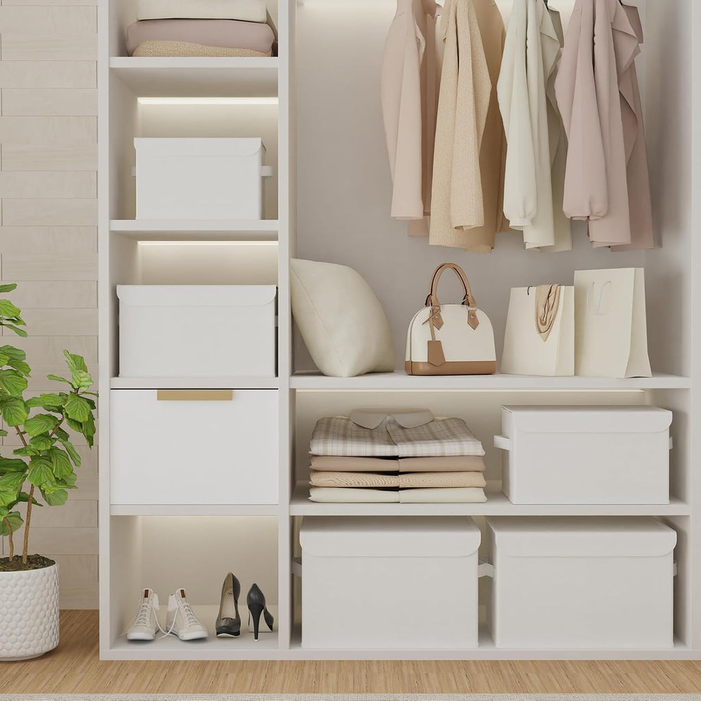 Bin with Lid, Closet Boxes, 4 Pack, White, 10.2x7.9x6.7 In | Fabric Clothing Basket with Cover, Collapsible Stackable
