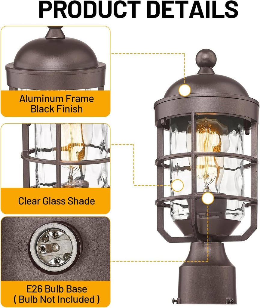 Outdoor Post Lights Lamp Post Light Fixture with Water Ripple Glass Industrial Lantern Cage