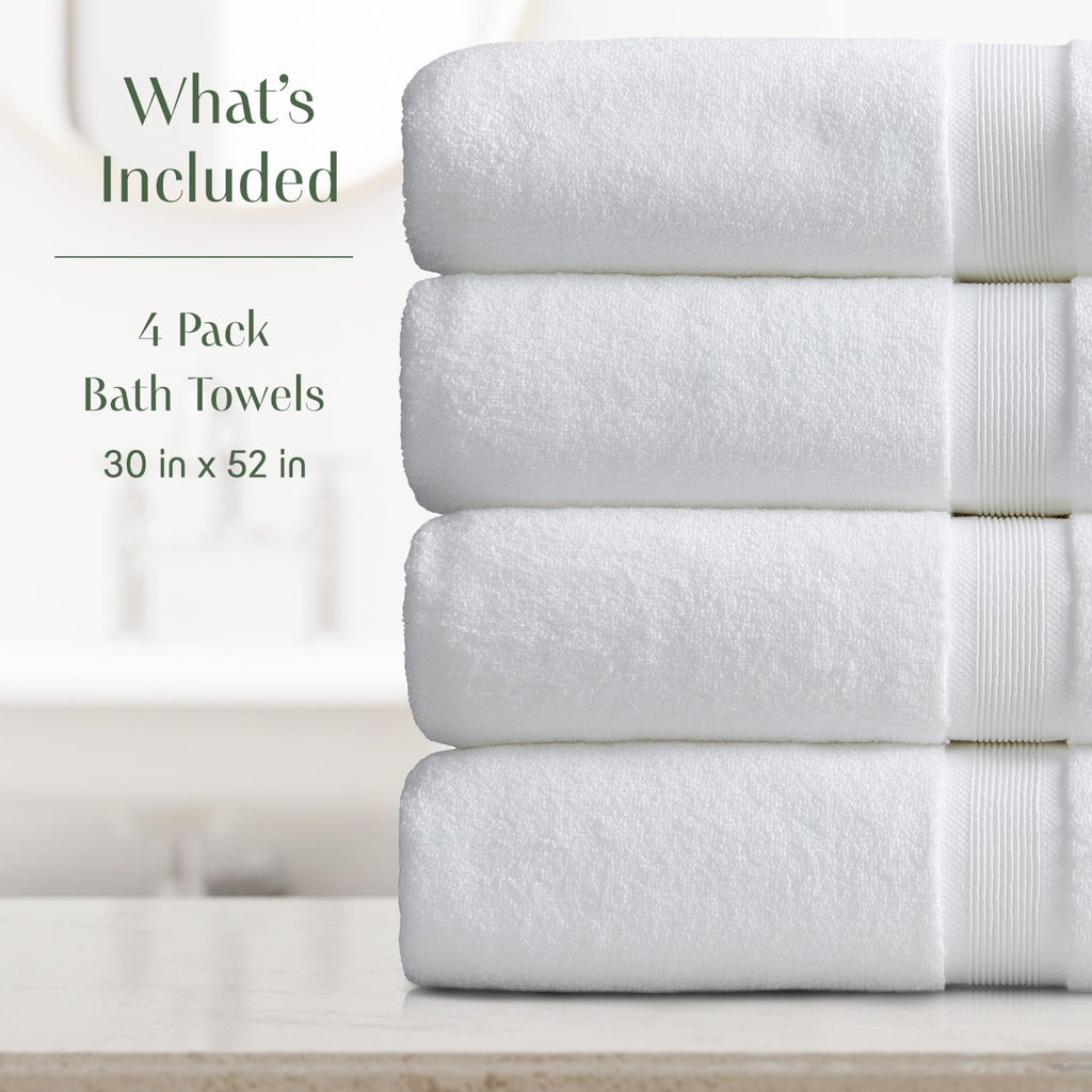 Luxury Bamboo Rayon Plush Bath Towel Set | 4-Pack | White | 35% Bamboo Rayon - 65% Zero Twist Cotton | Absorbent