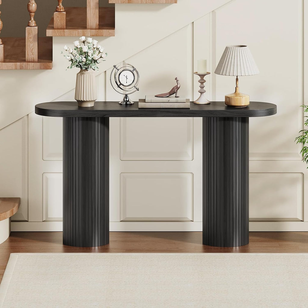 55 Inch Entryway Console Table, Sofa Table Narrow Long Behind Couch, Black | Fluted Design, Oval Wood Table