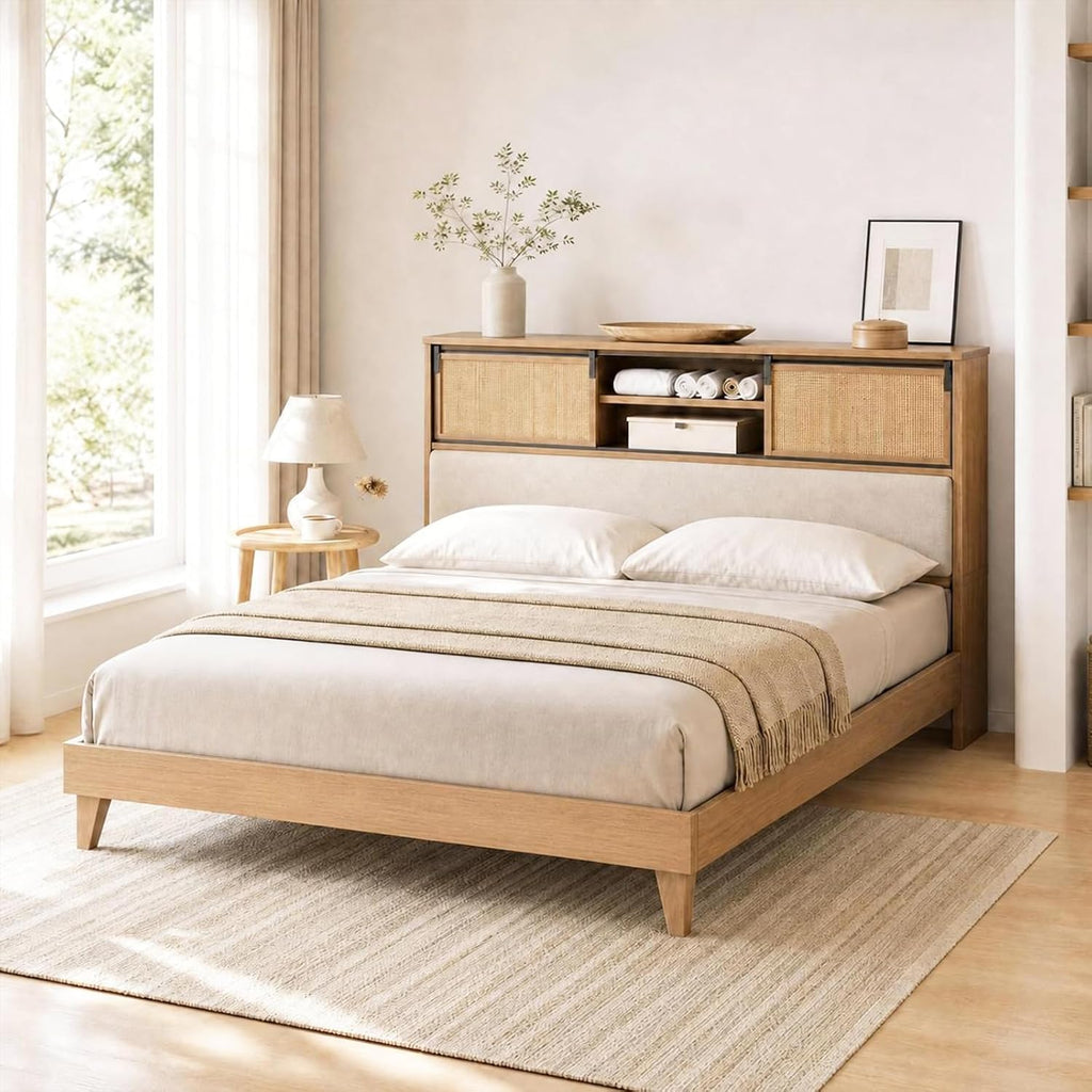 Queen Solid Wood Bed Frame with Storage Headboard, Rattan Upholstered Bookcase Headboard with Sliding Doors &