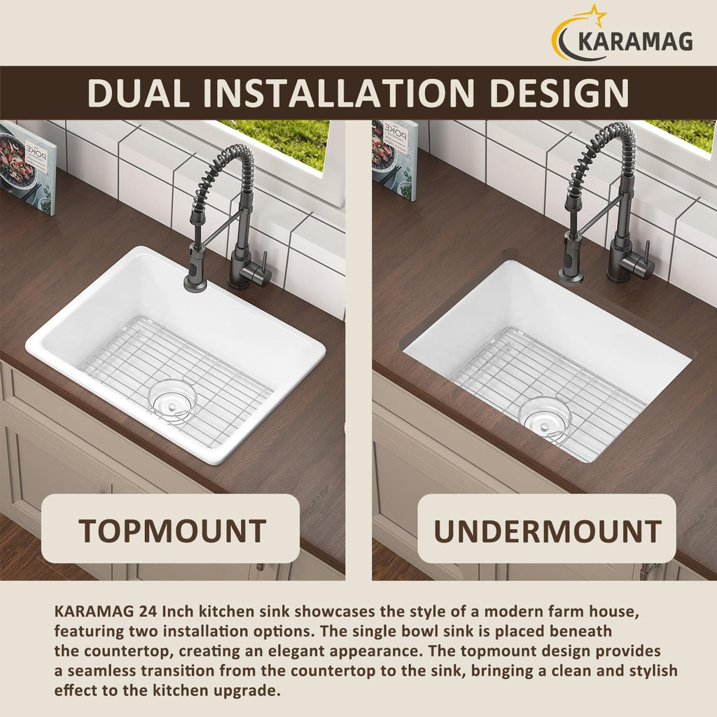 24 x 19 Inch Small Kitchen Sink Undermount or Drop In Fireclay Sink