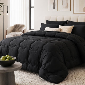 Black Comforter Set, Wavy Check Pattern, 7 Pieces