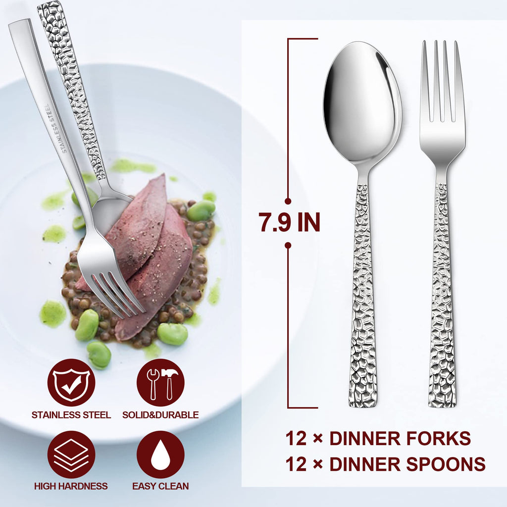 24-Piece Hammered Forks and Spoons Silverware Set /Kitchen