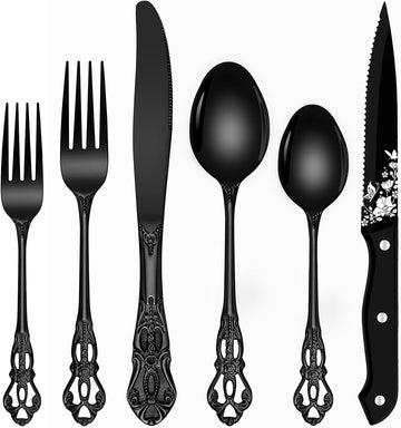 Black Silverware Set For 8, 48 Pieces Retro Royal Silverware Flatware Set with Black Spoons Forks Knives Set