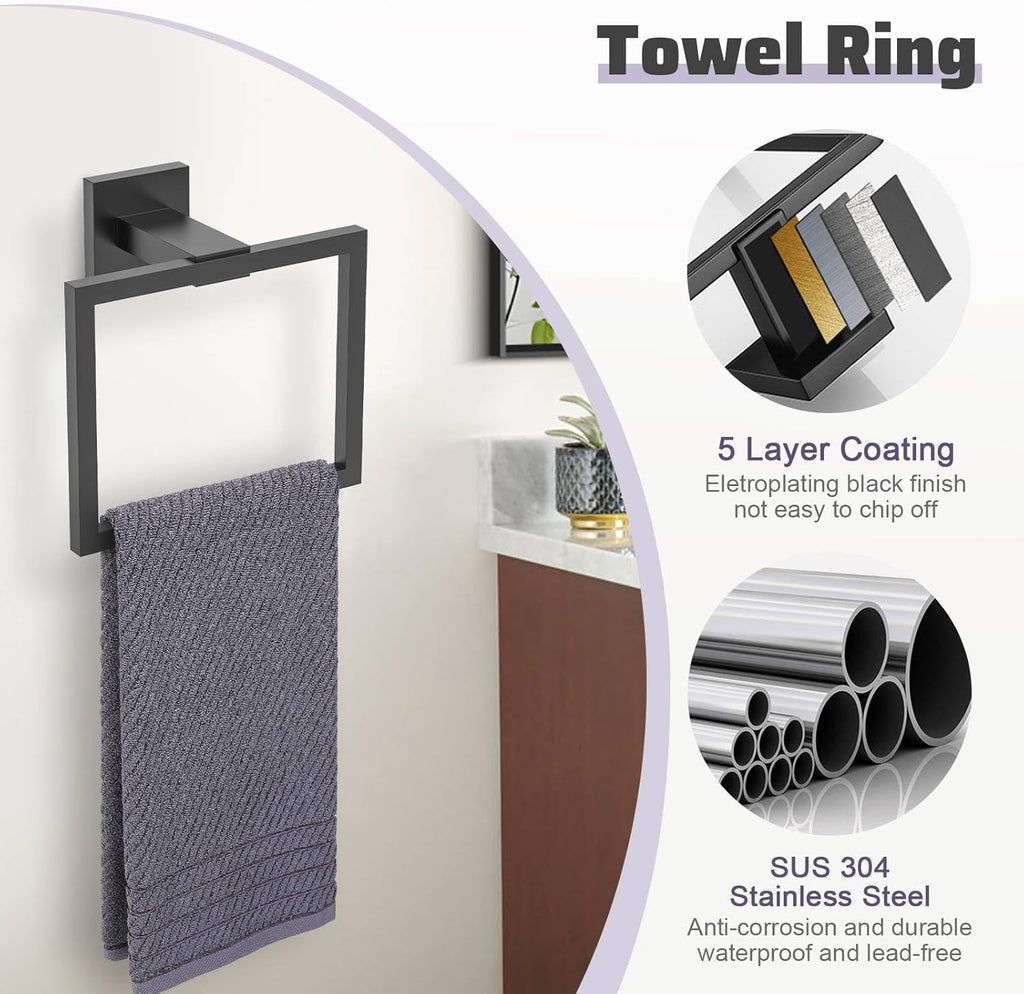 Matte Black Towel Bar Set 5-Piece Bathroom Hardware Accessories Set,23.6 Inch Modern Towel Holder Set SUS304