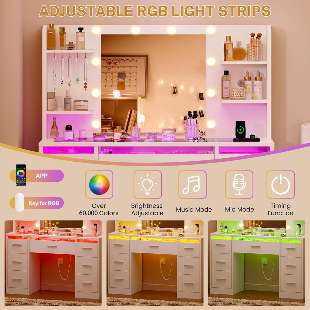 Makeup Vanity Desk with Mirror and Lights, White Vanity with Glass Top, 3 Colors LED Lights & Power Outlet, Vanity
