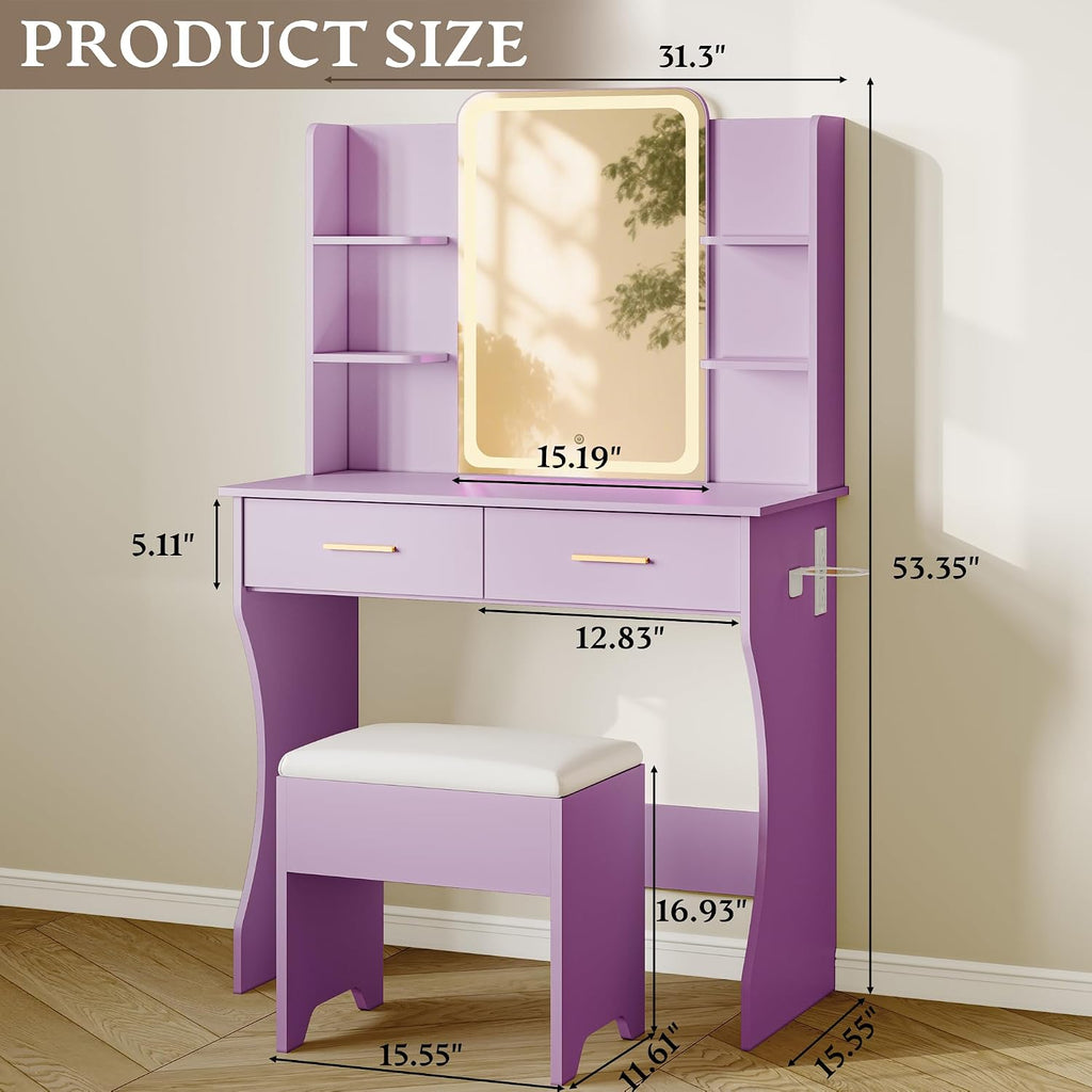 Makeup Vanity Desk with LED Lights and Mirror, Vanity Table Set with Charging Station&Cushioned Stool, 3 Lighting