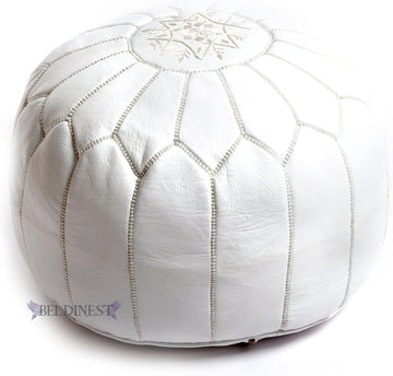 White Moroccan Leather Pouf Ottoman Round Footrest Decor