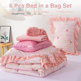 A Nice Night Rainbow Stripes & Bows Bedding Set,Ruffle 6 Piece Bed in a Bag Matching Sheet Set,Princess Style Chic Bow