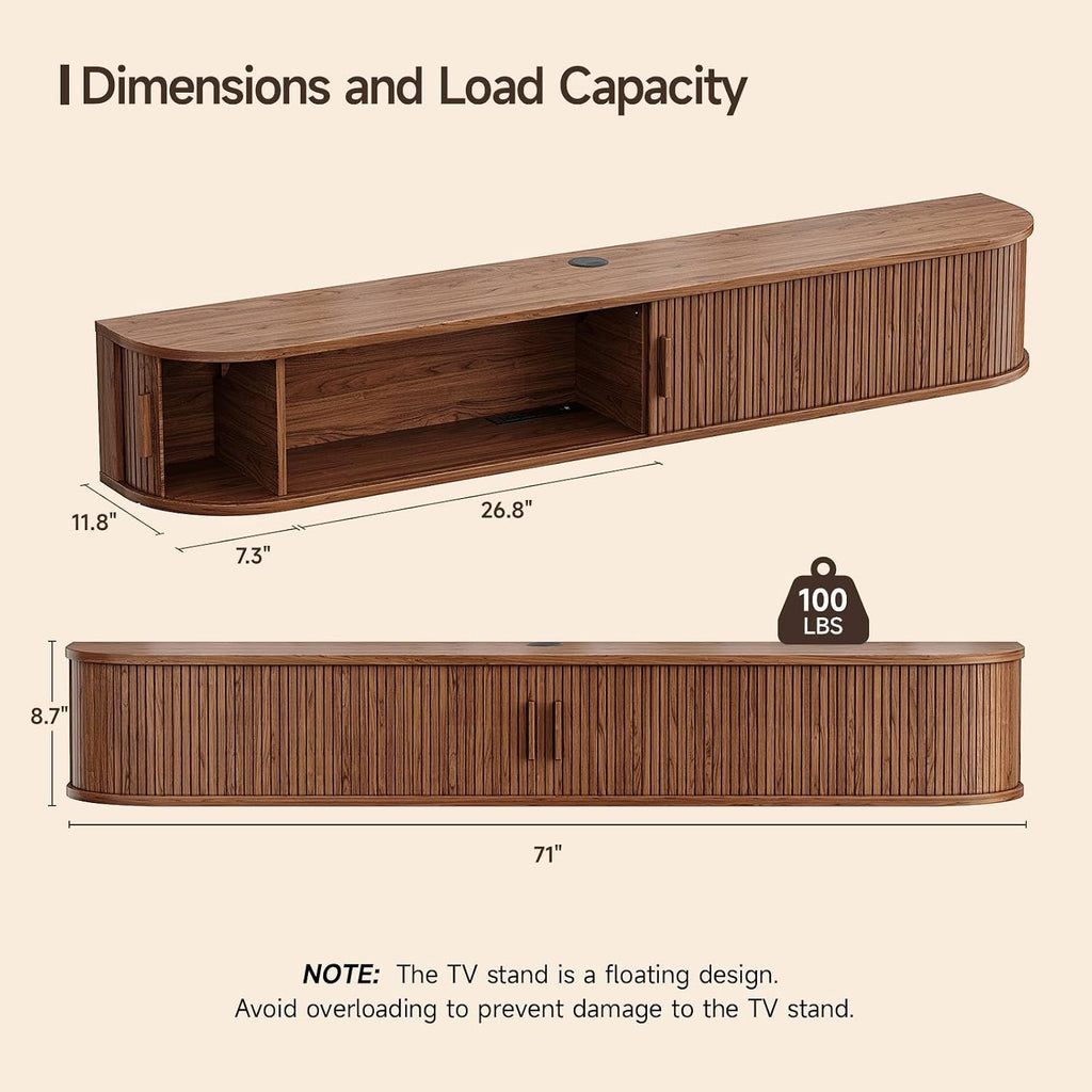 71" Floating TV Stand with Power Outlet for TVs up to 80", Fluted Entertainment Center with Remote Control for LED