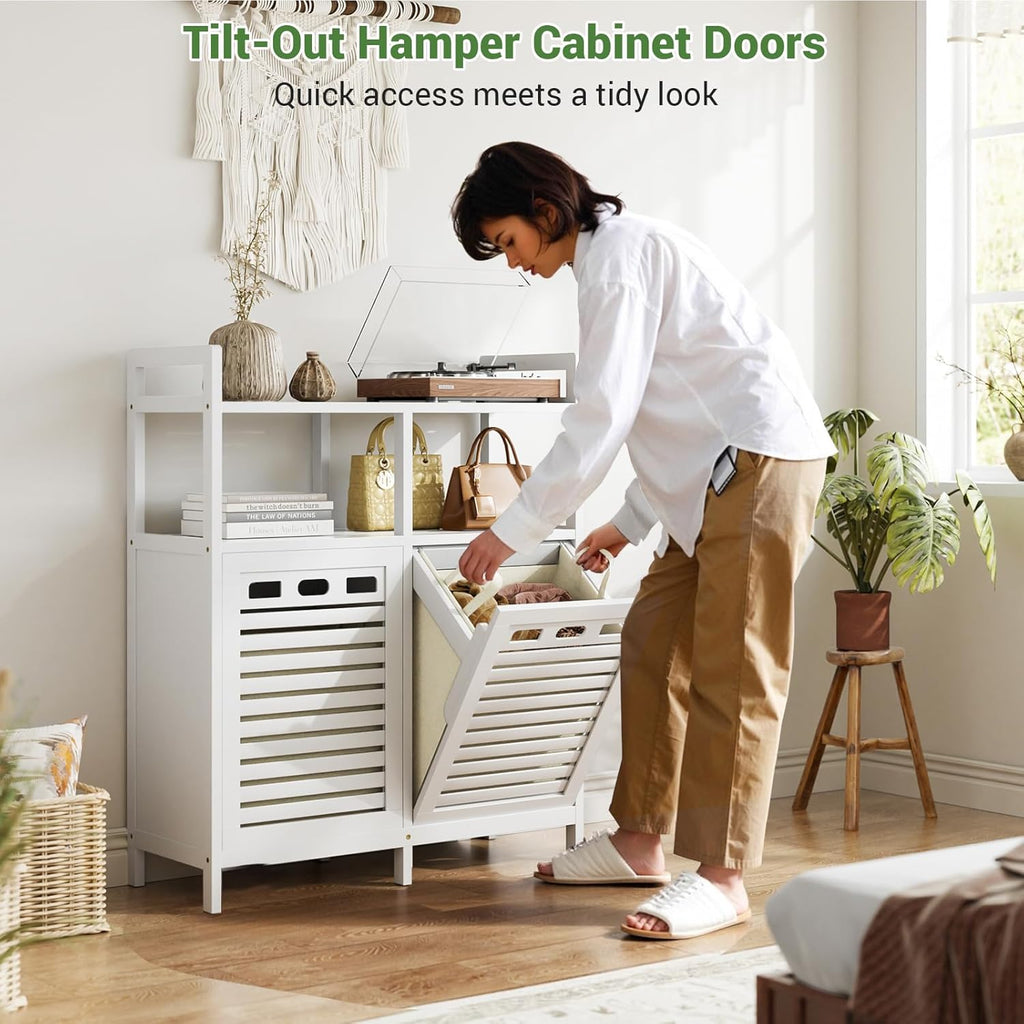 Tilt Out Laundry Hamper Cabinet, Bamboo Double Laundry Hamper with 2 Removable Laundry Baskets, 20 Gal Laundry Sorter