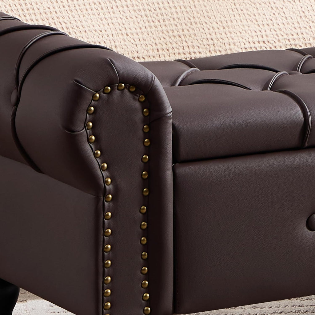 Storage Bench 51" Faux Leather End of Bed Benches Dark Brown | Queen Size Storage Bench with Rolled Arms Tufted