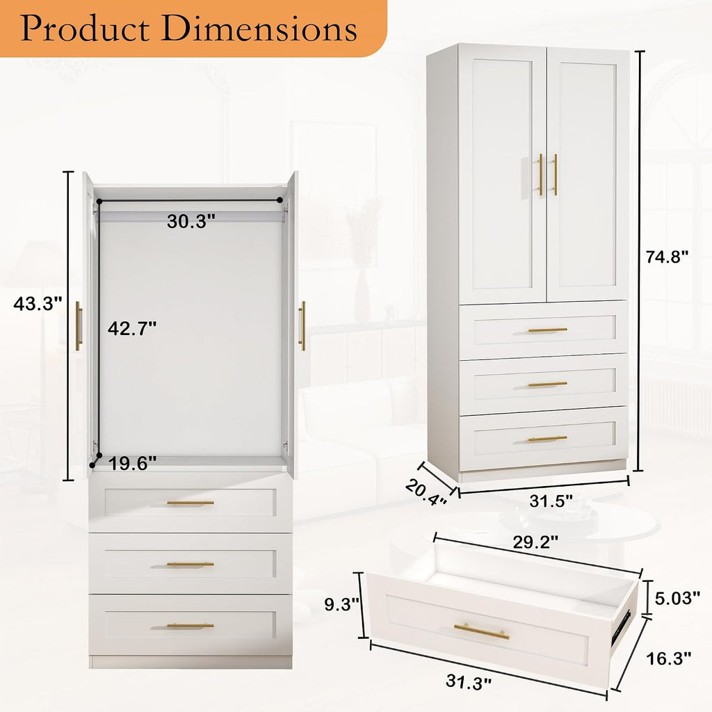 White Armoires Wardrobes Closet:Bedroom Armoire Wardrobe Closet with Hanging Rod, Modern Wardrobe Cabinet with