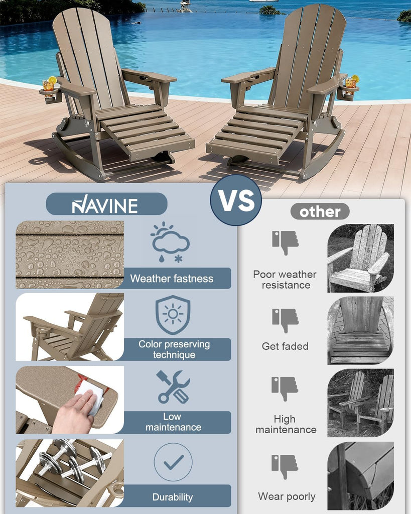 Folding Adirondack Rocking Chair with Retractable Ottoman, Brown | Folding Rocking Chair with Two Cup Holders ,High