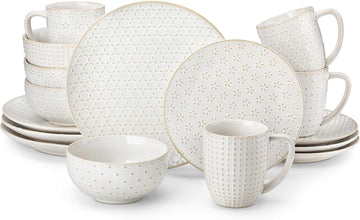 16 Pieces Dinnerware Sets, Modern Relief Design Plates and Bowls Sets, White Dish Set for 4
