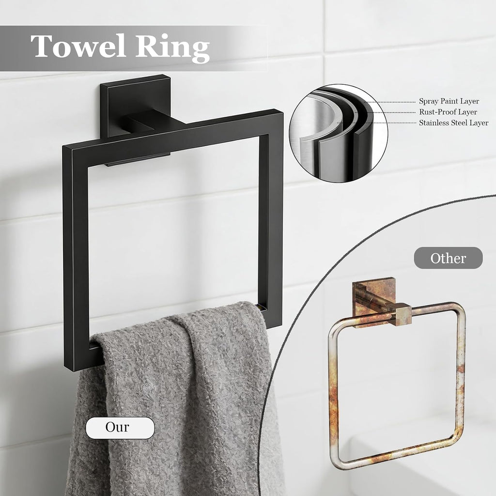 5-Pieces Wall Mount Bathroom Hardware Set,23.6in Towel Bar Set,Matte Black | Waterproof Stainless Steel Bathroom