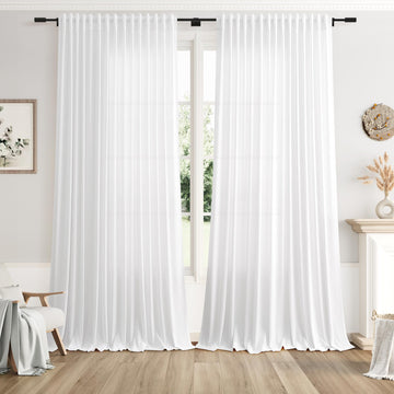 Extra Wide 100x96 Inch Linen Curtains Divider Light Filtering Semi Sheer Patio Curtains for Sliding Door White