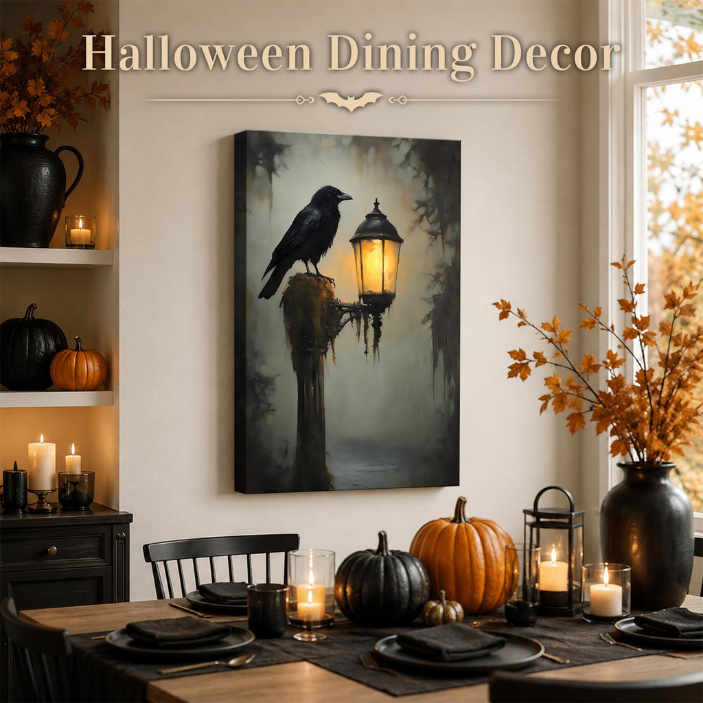Framed Halloween Raven Canvas Wall Art Gothic Bird with Lantern Artwork, Vintage Dark Canvas Prints Wall Decor