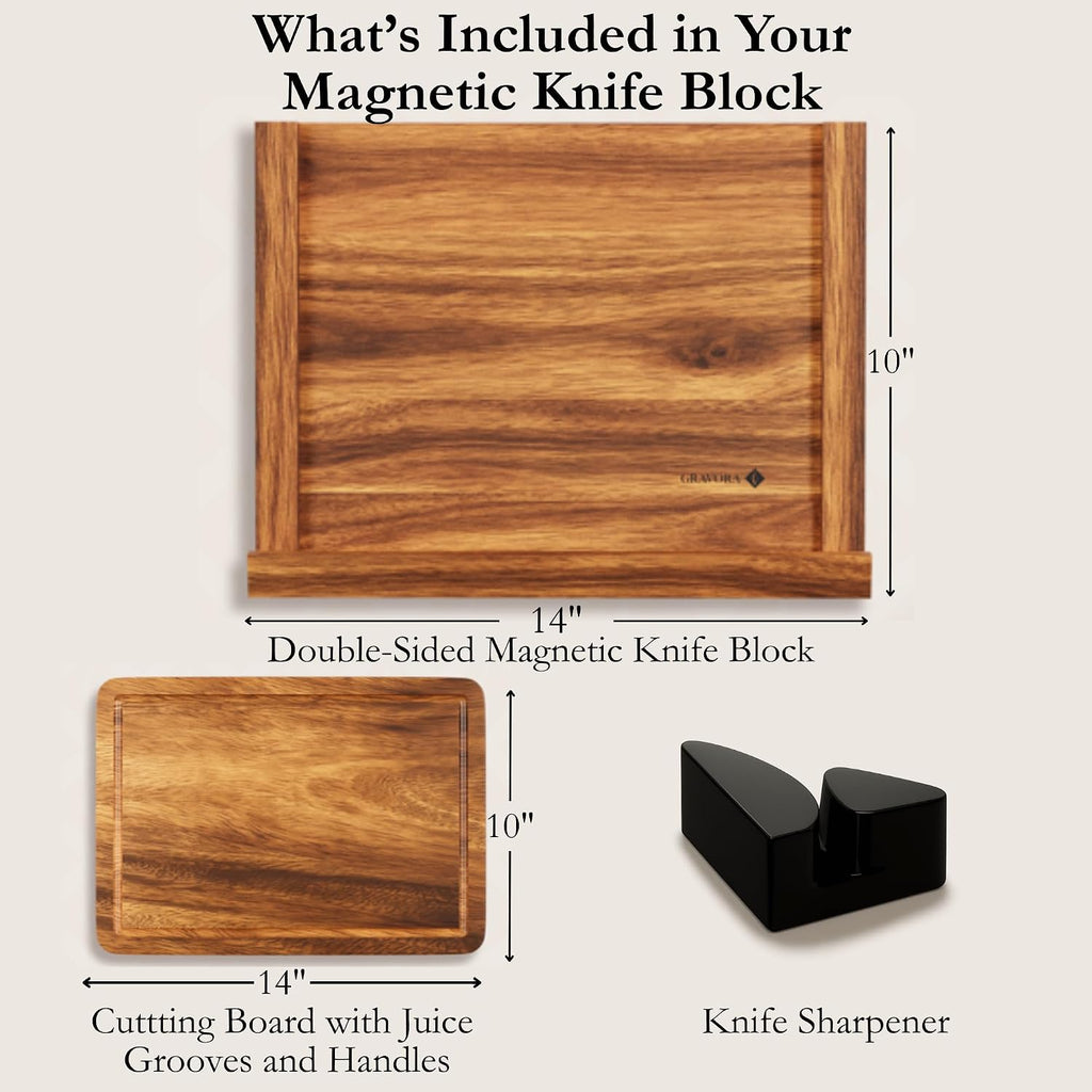 3 in 1 Magnetic Knife Block Stand, 14"x10" Cutting Board, Knife Sharpener - Wooden Magnetic Knife Holder - Acacia