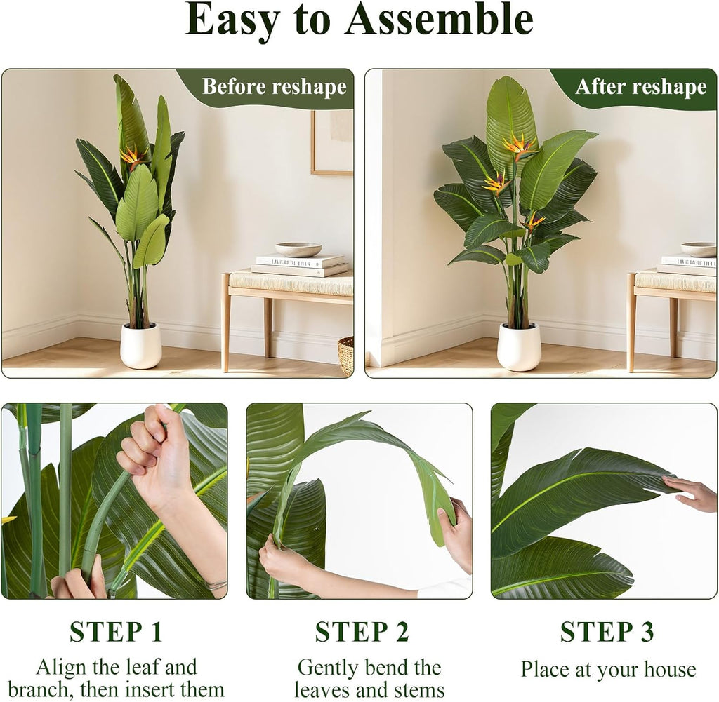 Bird of Paradise Artificial Plant in White Pot, 7ft Tall Faux Banana Leaf Tree with 3 Tropical Bird Flowers & 15