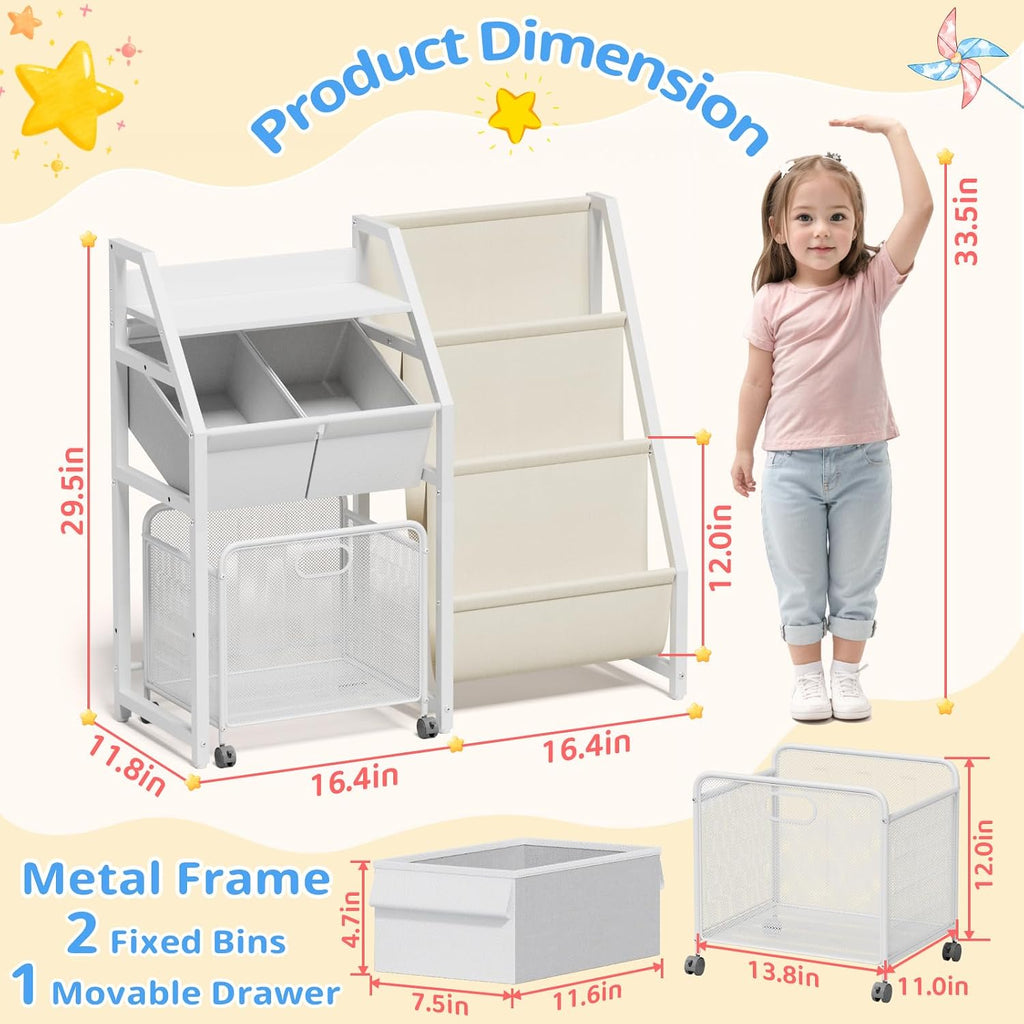Kids Bookshelf Toy Storage Organizer & 2 Bins,3 Tier White | Kids Bookcase Equipped With Movable Drawer And 2 Toy