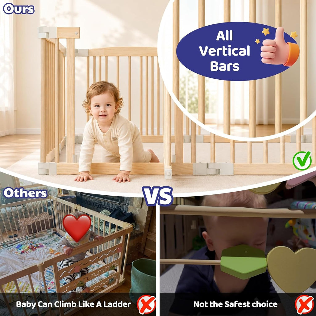 Wooden Baby Playpen, 60"×60"×25" 8-Panel Foldable Wood Play Yard with 2 Montessori Toys for Toddlers, Adjustable
