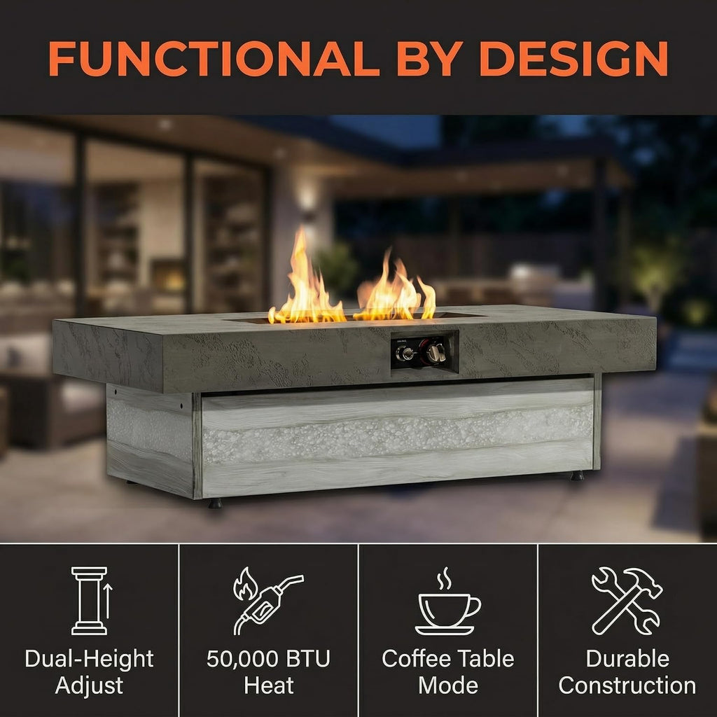 48x24 Adjustable Propane Fire Pit Table 50000 BTU Cement Grey | Converts from a warm fire pit to a sleek coffee table