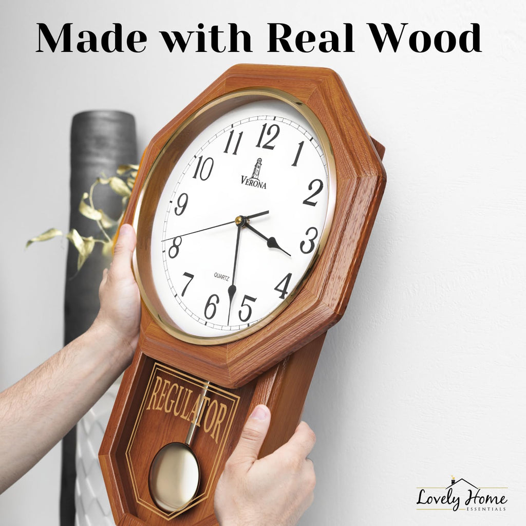 Pendulum Wall Clock Battery Operated, Real Wood Regulator Clock, Quiet