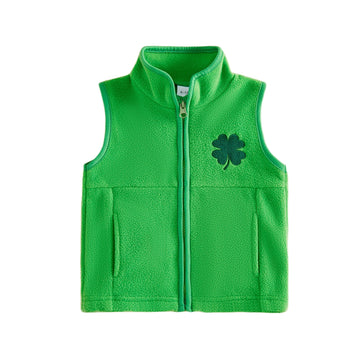 Toddler Irish Fleece Vest Jacket Clover Embroidered Sleeveless Zip-up Coat with Pockets for Baby Girls Boys
