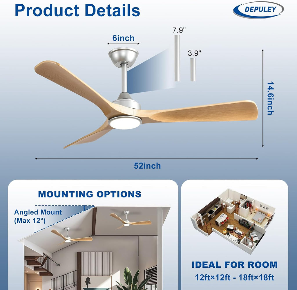 52-Inch Ceiling Fan with Light: Wood 3 Blade Outdoor Fans for Patios - Dimmable Indoor Fan with Remote APP Control Ultra Quiet DC Motor Reversible 6 Speed Timer