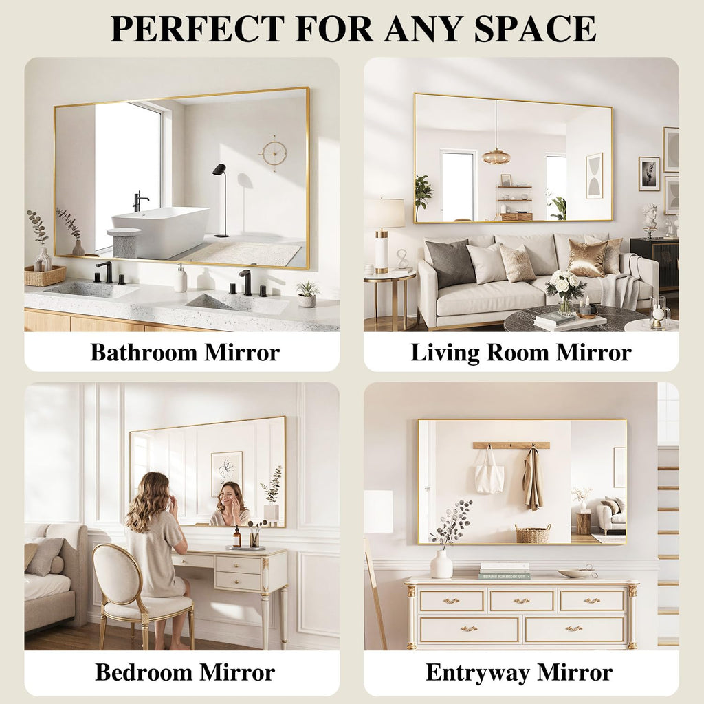 Gold Mirrors for Wall, 30x60 Inch Bathroom Mirror, Rectangular Wall Mirror Bedroom Bathroom, Hangs Horizontally or