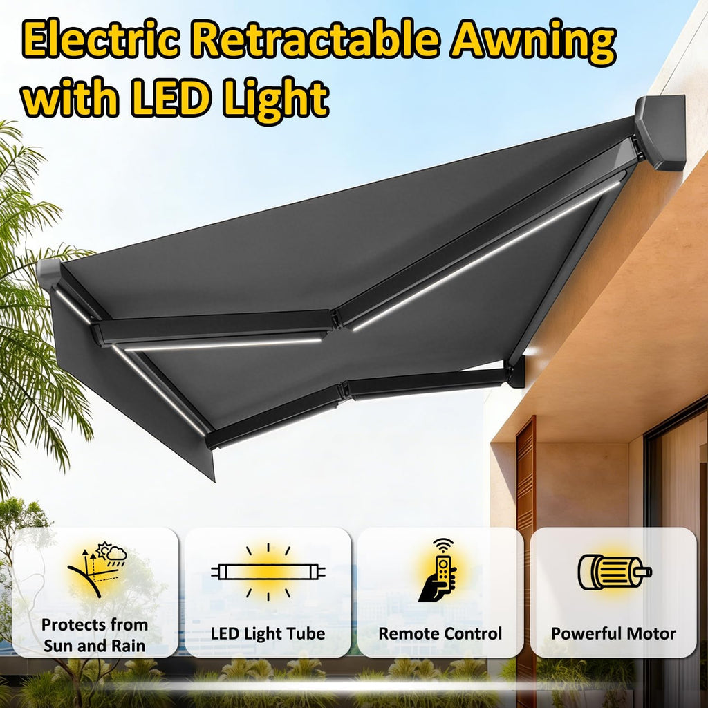 Electric Retractable Awning, Automatic Retractable Awning & LED Light, Motorized Outdoor Shade Waterproof Fabric for