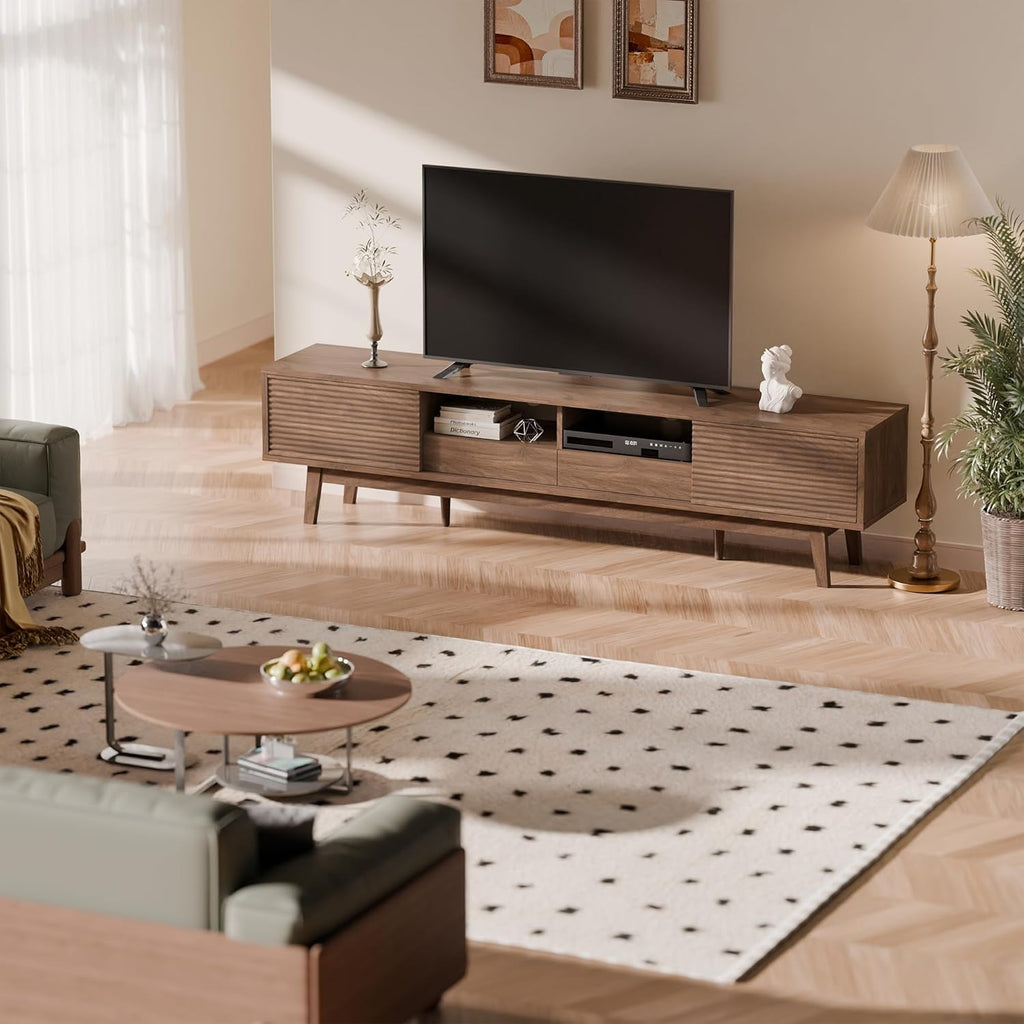 70" Mid Century Modern TV Stand for TVs up to 75 Inch, Low Profile Entertainment Center with Fluted Sliding Doors & Storage Drawers, Wood TV Console Table for Living Room, Walnut