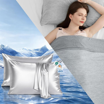 Cooling Satin Pillowcases for Hair & Skin with Zipper 20" x 36" and Cooling Blanket 90"x108" Gray Bundle