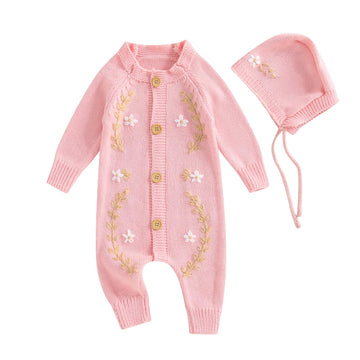 Baby Girl Sweater Coming Home Outfit Newborn Winter Clothes Long Sleeve Embroidered Knit Onesie Romper and Hat