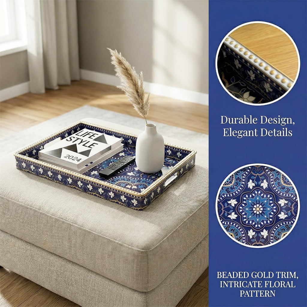 Boho Serving Tray with Handles, Large Rectangular Decorative Ottoman Tray with Gold Beaded Rim, Blue Floral Mandala