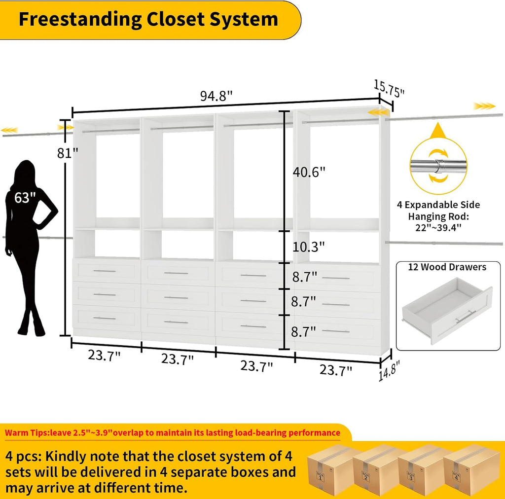 Closet System Set of 4, 8FT-21FT Walk in Closet System with 12 Drawers & 8 Adjustable Hanging Rods, Custom Closet